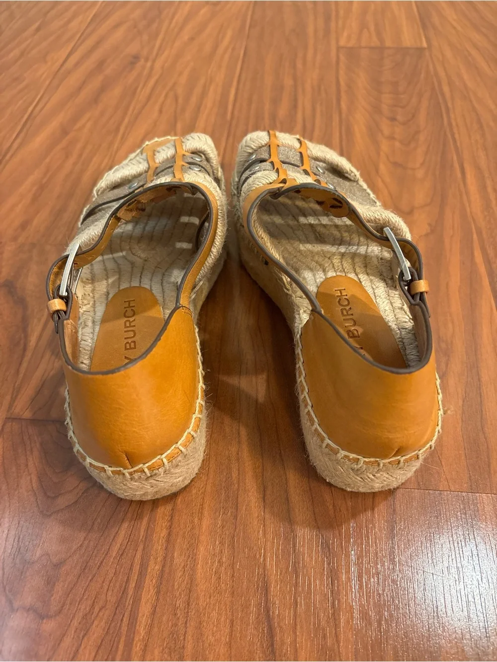 Tory Burch Fisherman Leather Espadrille Platform Sandals Metallic Womens 7